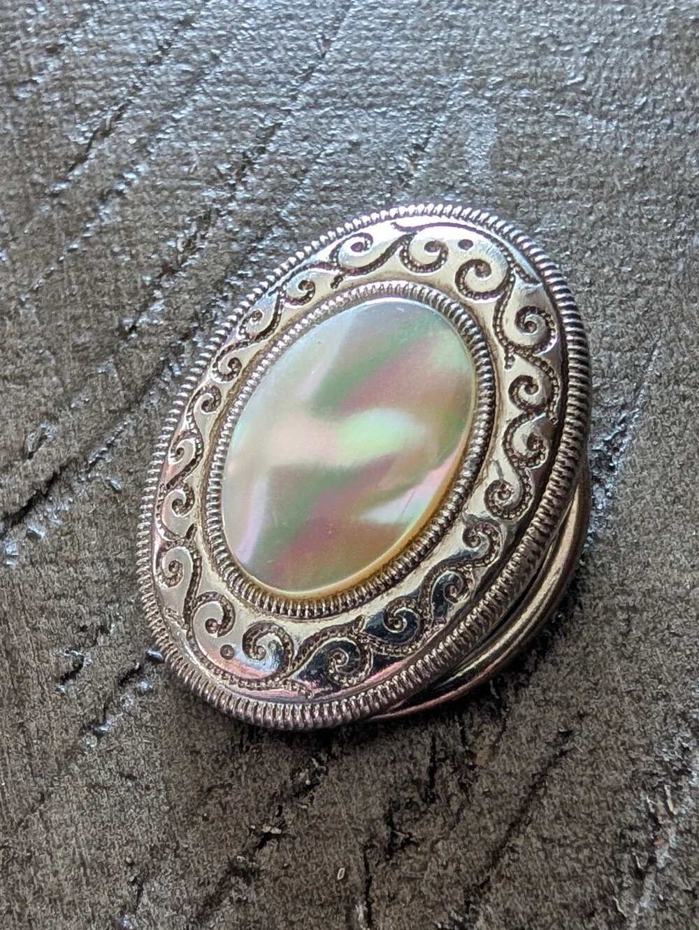 Vintage German Signed Iridescent Mother Of Pearl Silver Tone Small Scarf Clip
